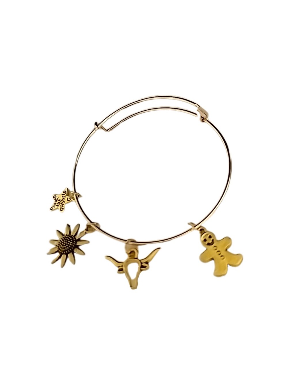 Adjustable Gold Charm Bangle Bracelet with Sunflower & Figurine Charms NWOT